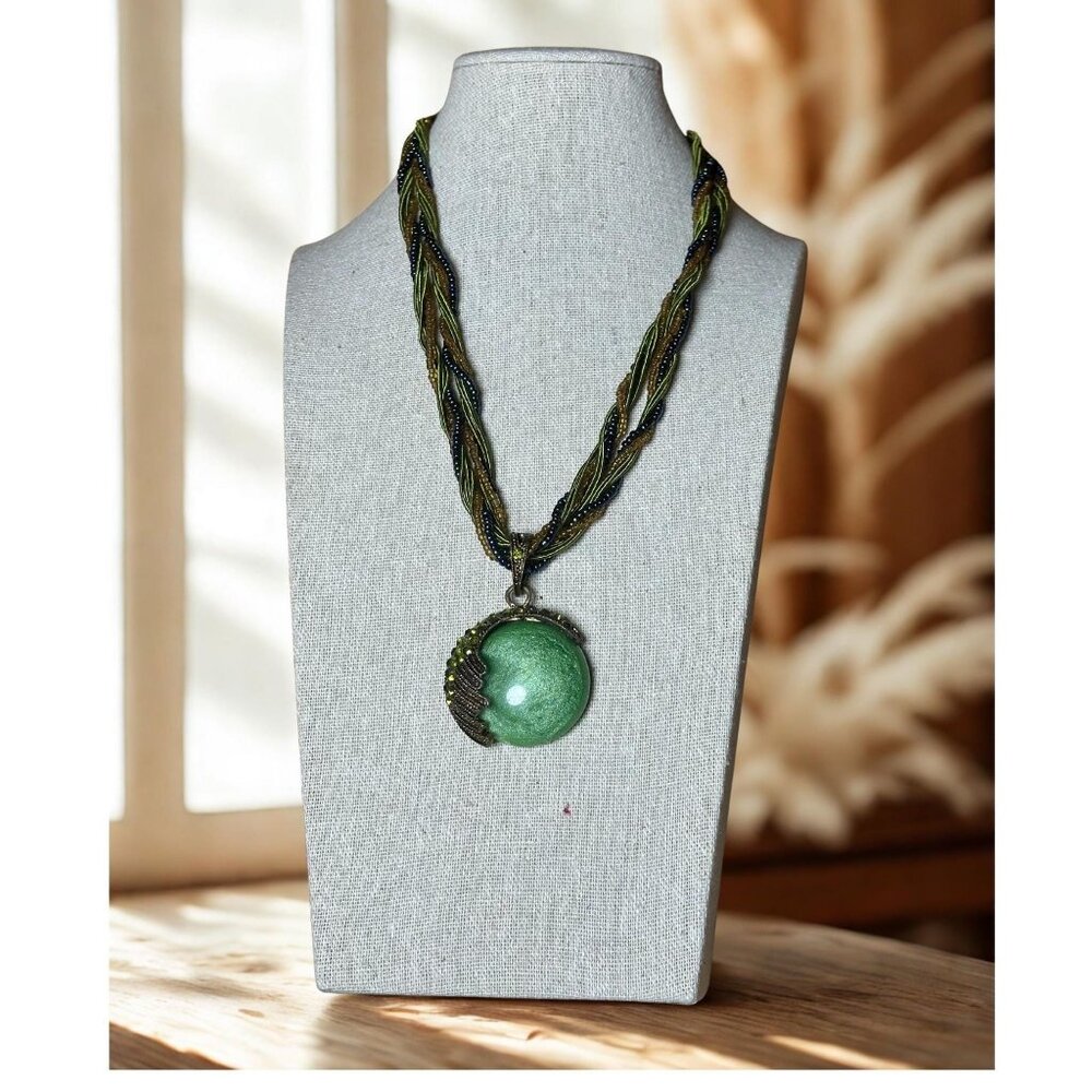Vintage Turquoise Green & Gold Pendant Necklace Artisian Crafted 18 Inches